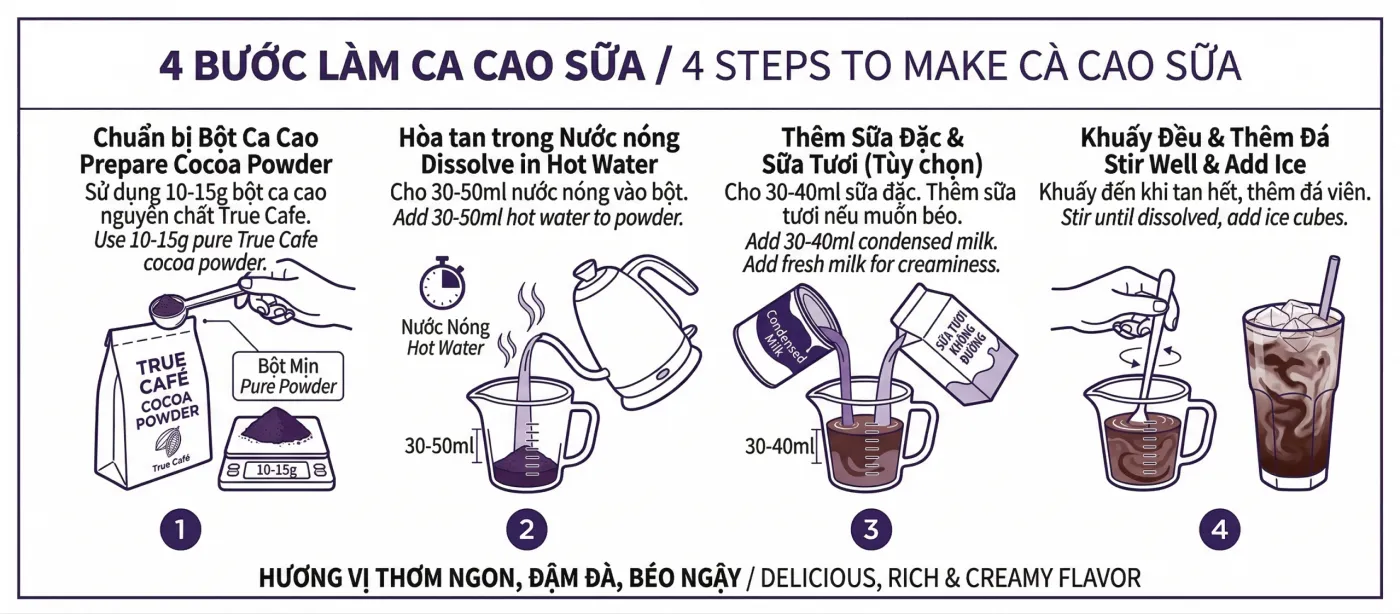 4 bước làm ca cao sữa đá: 10–15g bột, 30–50ml nước nóng, 30–40ml sữa đặc, khuấy đều thêm đá